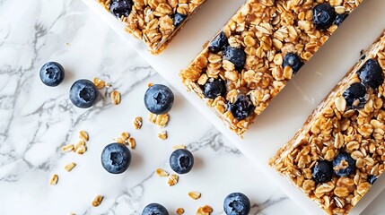 Superfood breakfast bars with oats and blueberries above view on white marble background