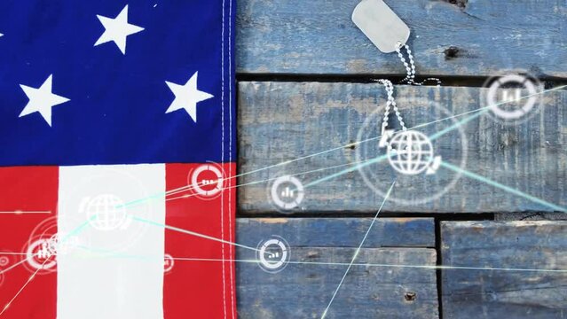 Animation of global communication network over american flag and dog tags on wood