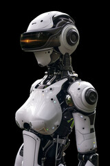A female cyborg robot wearing a VR headset