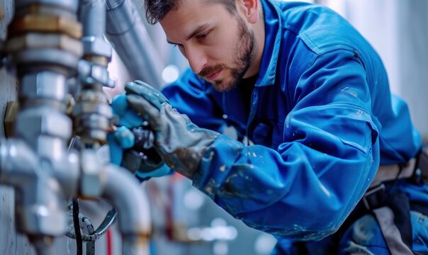 Plumber in blue suit checking or fixing water tubes in heating system in technician room