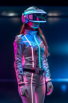 A female cyborg robot wearing a VR headset