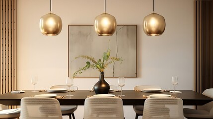 interior design of modern dining room with brass pendant lights against beige stucco wall