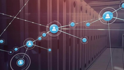 Animation of network of people icons and circular scanner over server room - Powered by Adobe