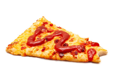 Slice of pizza with bite marks isolated on a white background