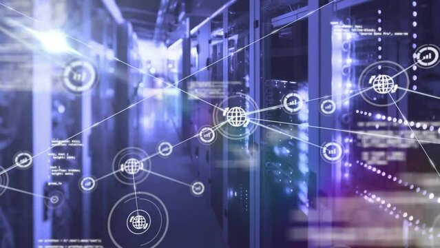 Animation of global data network over data processing and server room - Powered by Adobe