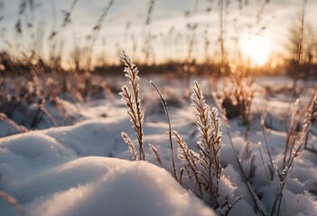 AI generated illustration of frozen plants in a snowy field