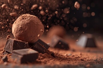 Dark background with flying cocoa powder chocolate candy truffle and pieces