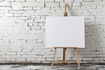 Empty wooden easel next to white brick wall text space available