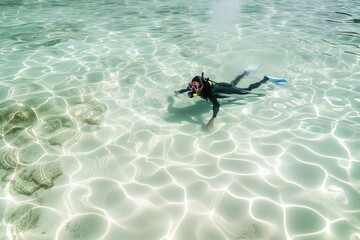 Fototapeta premium snorkeler in clear shallow waters over white sand seabed