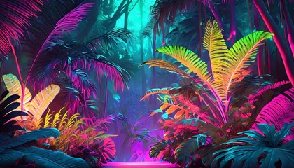palm trees in the night, Colorful Neon Light Tropical Jungle Plants in a Dreamlike Enchanting Scenery