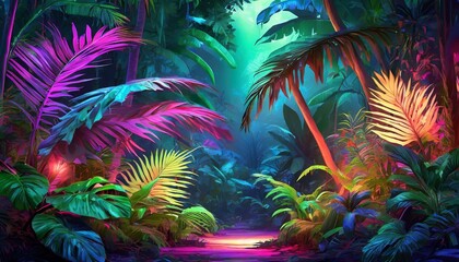 palm tree in the night, Colorful Neon Light Tropical Jungle Plants in a Dreamlike Enchanting Scenery