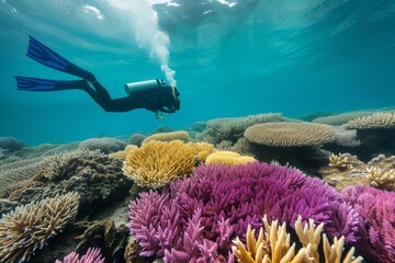 snorkeler floating above colorful coral with clear blue water