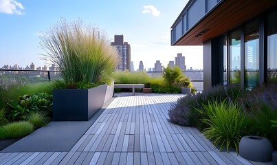 An empty outdoor roof terrace embodies tranquility and minimalist beauty, where simple design meets the open sky