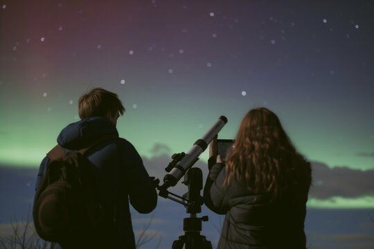 couple with telescope and camera capturing images of solarinduced auroras
