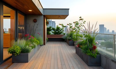 An empty outdoor roof terrace embodies tranquility and minimalist beauty, where simple design meets the open sky