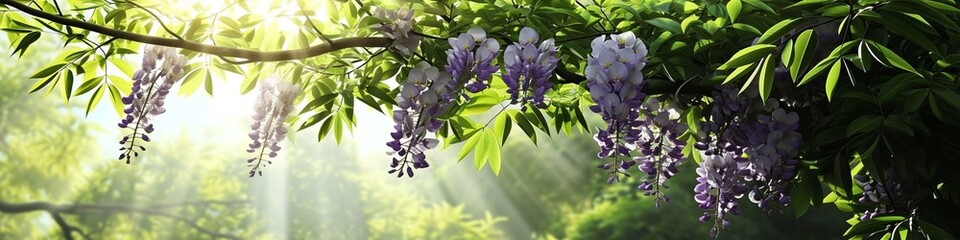 Sunlight filtering through the lush green leaves, illuminating a cluster of rain-kissed violet wisteria blooms - obrazy, fototapety, plakaty