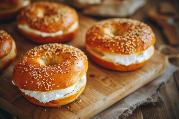 Cream cheese bagels on a wooden table selectively focused