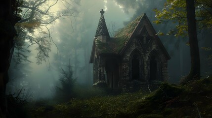A solitary, crumbling chapel in the heart of a misty, ancient forest, where the spirits of the...