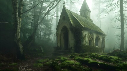 A solitary, crumbling chapel in the heart of a misty, ancient forest, where the spirits of the...
