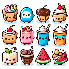 Set of cute and funny kawaii food and drink clipart