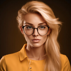 The head of a beautiful blonde woman with glasses and a yellow blouse on a dark background.