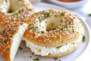 Halved garlic bagel with cream cheese on white plate white background