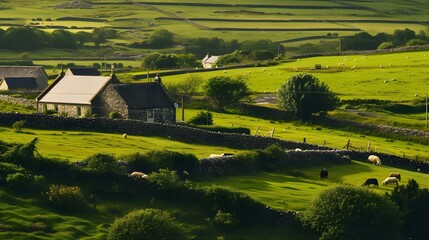 A rustic rural landscape in Northern Ireland, showcasing vast green fields bordered by ancient...