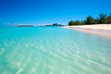 Idyllic island with clear skies and pristine beaches, showcasing a serene blue ocean. Generative AI