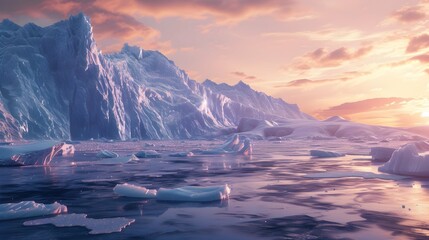 A glacier's icy peaks bathed in the soft colors of the setting sun. 