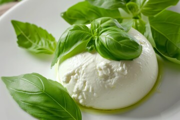 Italian soft cheese Mozzarella di Bufala Campana topped with basil leaves