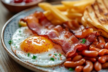 English breakfast back bacon egg baked beans and chips or French fries