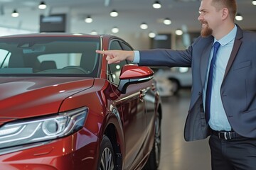 sales agent pointing to car features, showroom backdrop