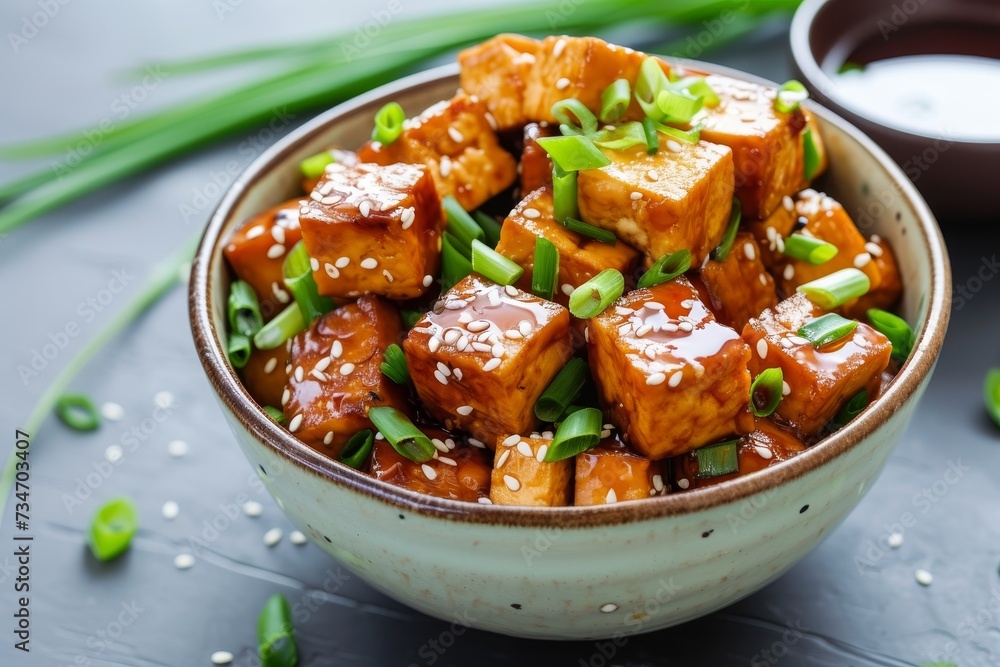 Poster healthy asian vegan meal of tofu marinated in teriyaki sauce topped with scallions and sesame seeds 