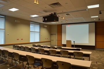 vacant conference room with overhead projector, no crowd - obrazy, fototapety, plakaty