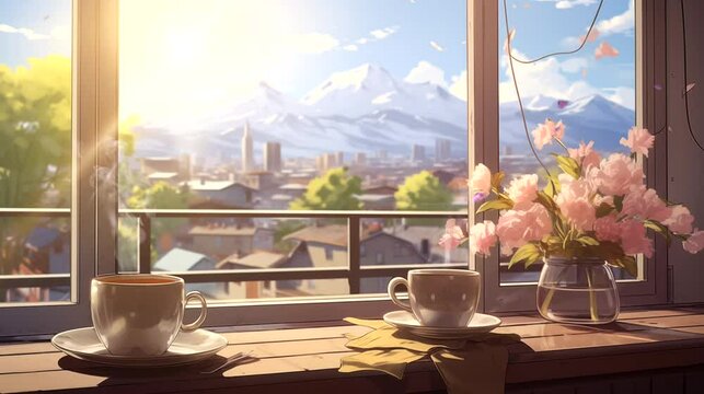 Coffee in the morning with scenic view. Seamless looping time-lapse 4k video animation background