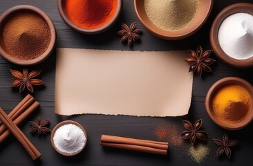 banner with place for text. baking spices in wooden bowls, a sheet of craft paper for baking. flour on the table. anise and cinnamon sticks. Image in natural colors. on white background