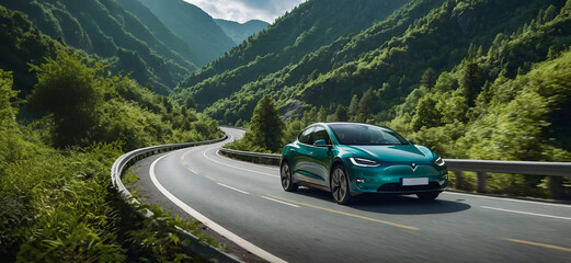 electric car is driving on a winding road that runs through a verdant forest and mountains