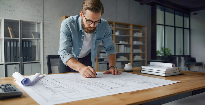 An young architect reviews and unrolls blueprints on a table in a bright modern office space.