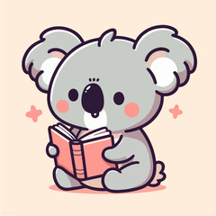Cute koala studying while reading a book. Cartoon character mascot for children book, sticker, doodle. Koala mascot template reading a book. 