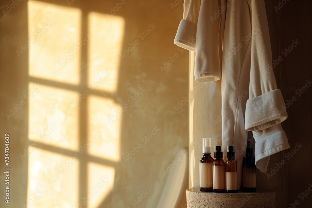 Poster body lotion bottles on column, bathrobe hanging faintly