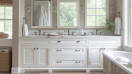 Sparkly clean and white master bathroom interior with multiple vanity sinks. - obrazy, fototapety, plakaty