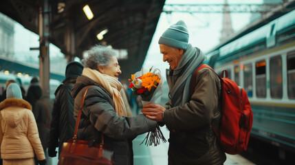 Senior Man meet woman on train station and give a bouquet of flowers to her . Happy couple together outdoor