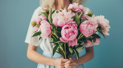 Woman holding flowers in her hands like a gift in International woman's day.