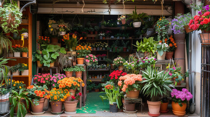 Facade of beautiful flower shop with different housplants and flowers . Front view