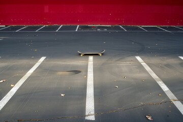 desolate parking space with a lone skateboard left behind