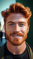 Cheerful Red-Haired Man Outdoors.
Joyful man with red hair and a beard outdoors.