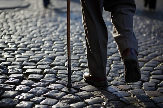 senior man with a walking cane on a cobblestone street - Powered by Adobe