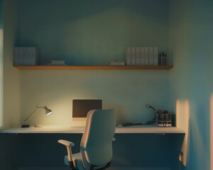 Serene Home Office Setup with Minimalist Design and Warm Lighting