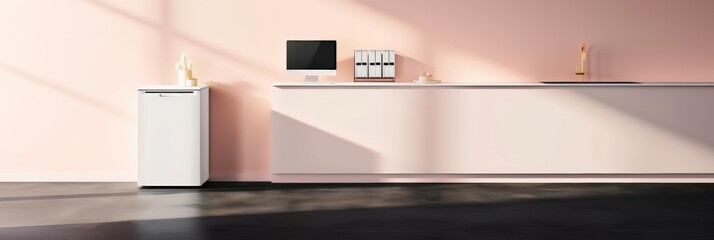 Minimalist kitchen with peach walls, white cabinets, and appliances under soft sunlight