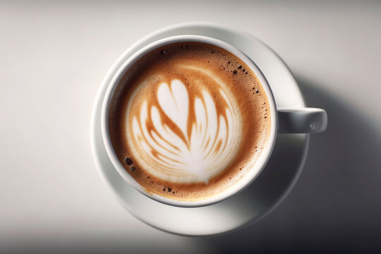 Coffee cups on an isolated white background with a place to copy. A hot drink made by a barista. Top-down view, hard shadows.